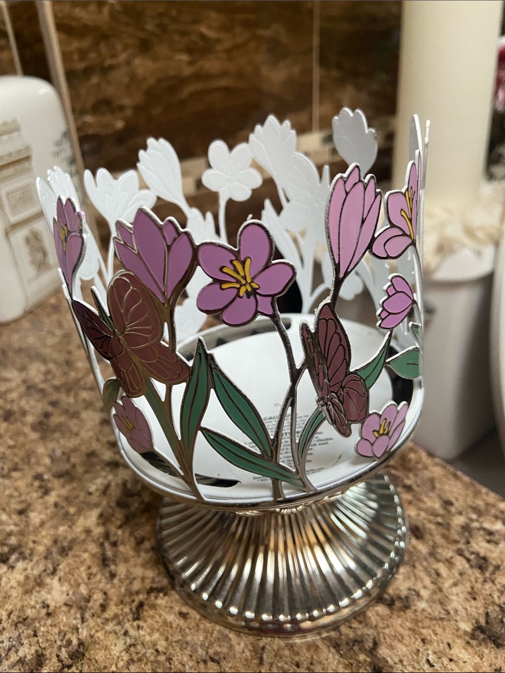 Floral Metal Candle Holder in Pink and Green